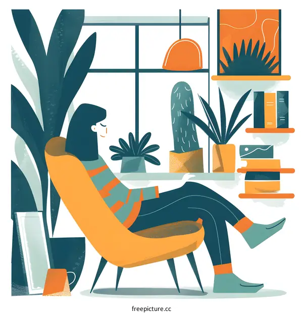 Woman Relaxing in a Comfortable Chair with Plants Around Her