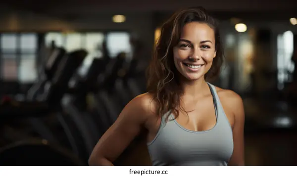 Portrait of a young woman in a gray tank top smiling in a gym