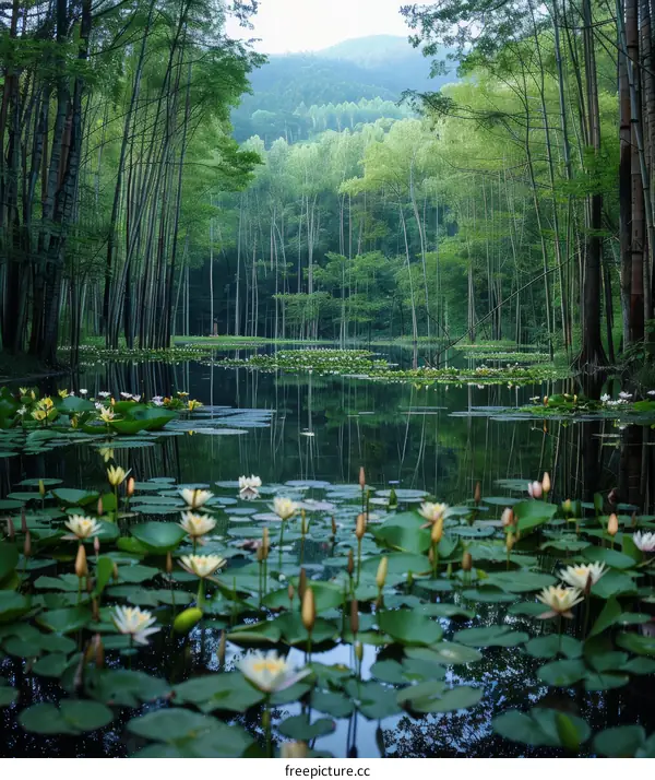A tranquil pond in a lush bamboo forest
