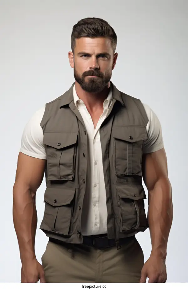 A muscular man in a khaki vest and white shirt