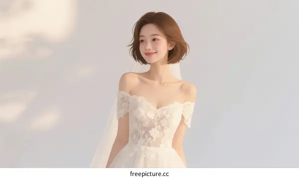 A beautiful young woman wearing a white lace wedding dress
