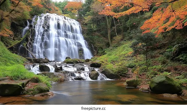 Autumn Waterfall in a Lush Forest Landscape