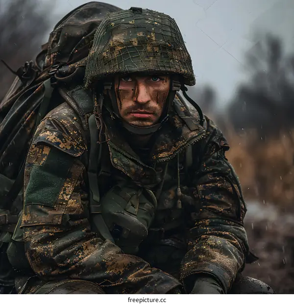 Portrait of a soldier in the rain