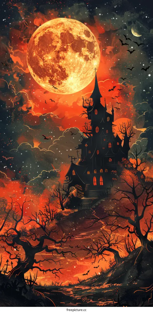 A spooky castle with a blood moon in the background