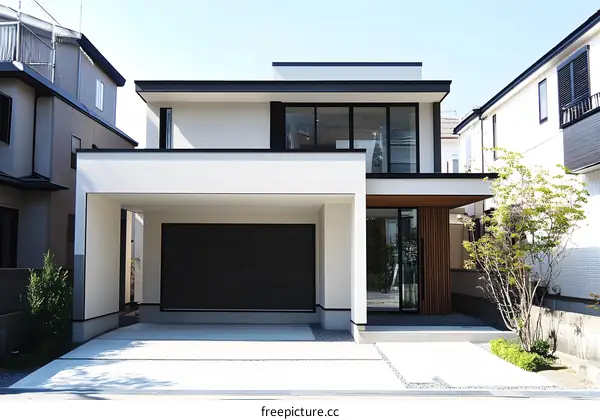 Modern White House with Black Trim and Garage Door