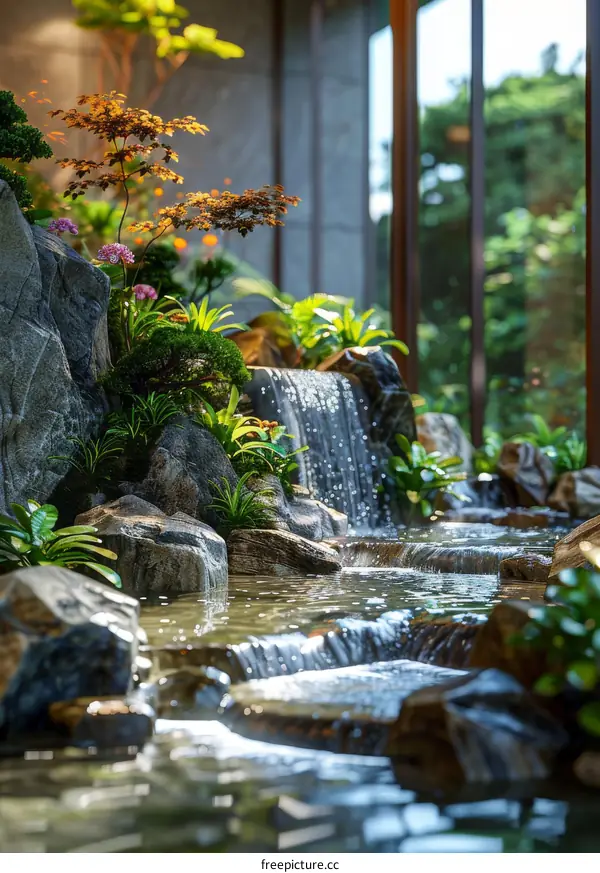 Modern Japanese Garden with Artificial Waterfall