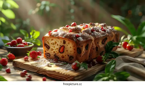 Freshly Baked Homemade Bread with Strawberries on a Wooden Table