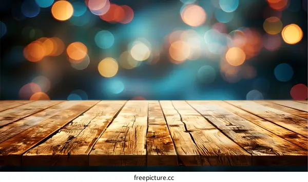 Wooden Table Top With Blurred Lights Background