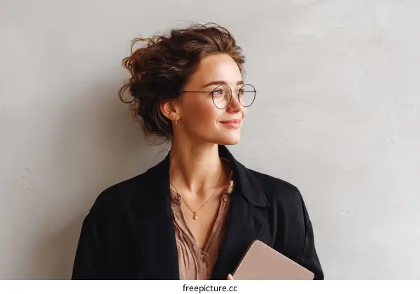 Thoughtful Woman with Glasses and Laptop