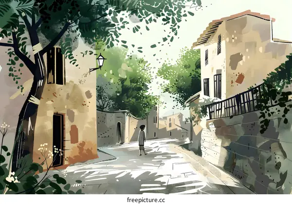 A Woman Walking Down A Narrow Street In A European City