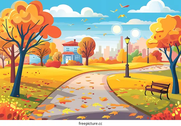 Autumn Landscape With Path And Bench