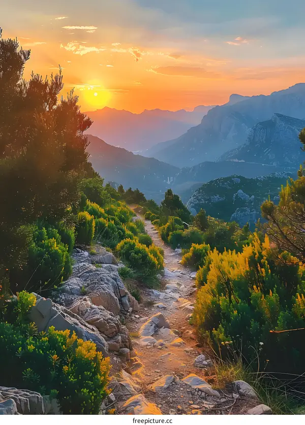 Rocky mountain hiking trail at sunset