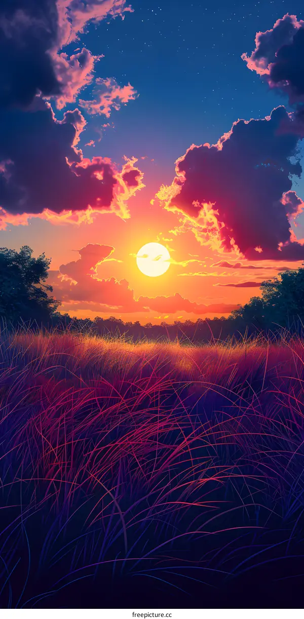 Beautiful sunset over a field of grass