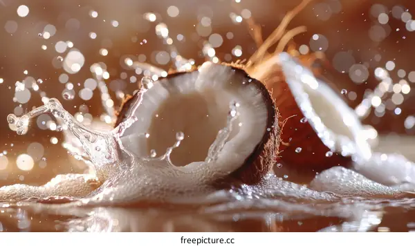 Coconut halves with water splash