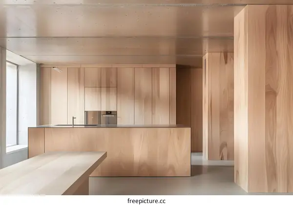 Minimalist Kitchen Design with Wood Paneling and Concrete Ceiling