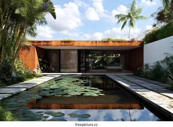 Modern House with Pool and Lush Greenery