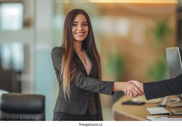 Businesswoman in suit shaking hands with a client