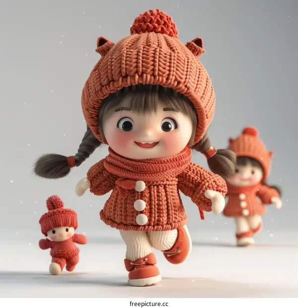 Little girl in orange knitted hat and scarf