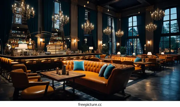 Luxurious Bar Interior with Leather Sofas and Emerald Curtains