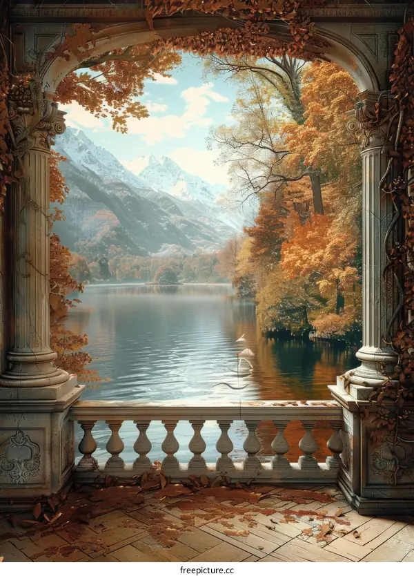 Grand Balcony Overlooking a Serene Lake in Autumn