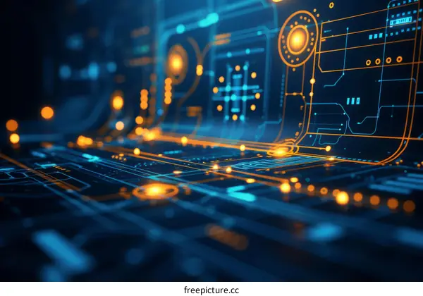 Blue and orange tech background with circuit board pattern