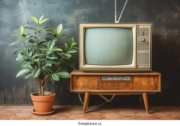 Retro television set with indoor plant