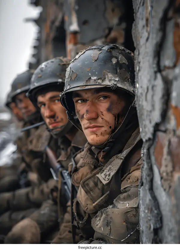 Three Soldiers Looking Out From A Ruined Building