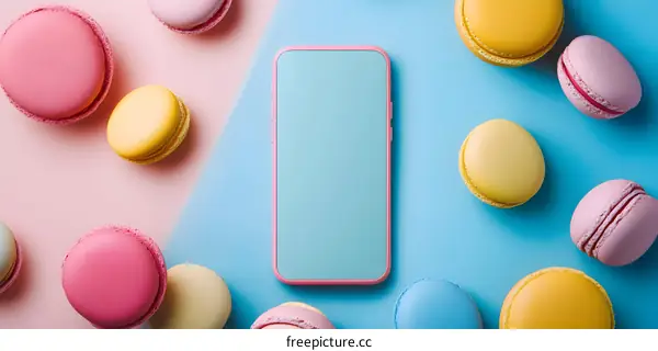 Pink and Blue Background with Macarons and a Pink Phone