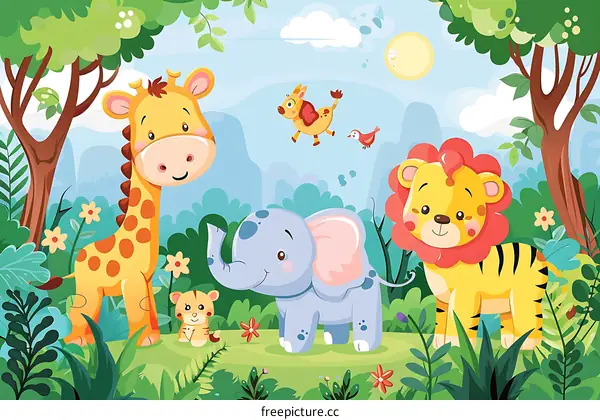 Cute Cartoon Animals In The Jungle Illustration