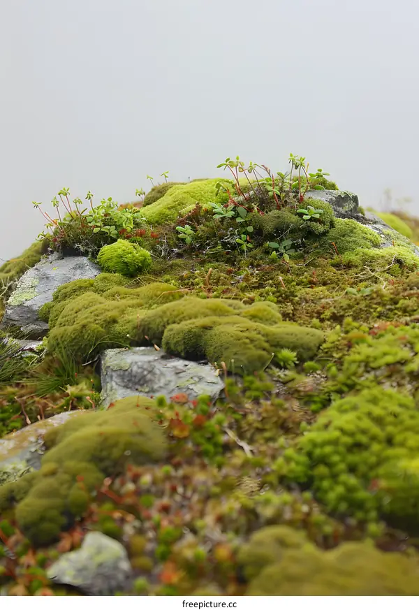 Green Moss Covered Rock Surface in the Fog