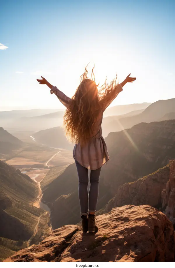 girl standing on a cliff with her arms outstretched enjoying the sunset