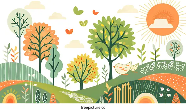 Colorful Illustration of a Summer Forest Landscape with a Bird