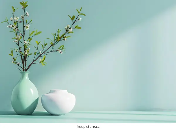 White and Green Ceramic Vases with Flower Branch on Teal Wall Background
