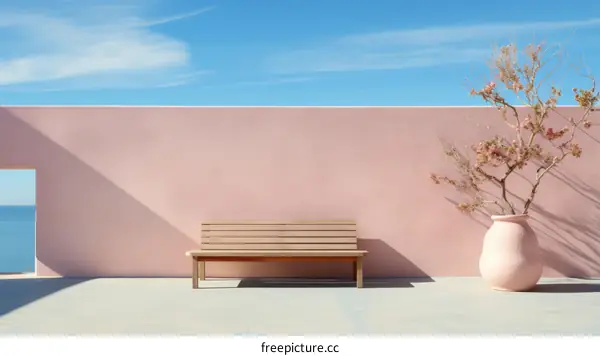 Pink background with a tree and bench