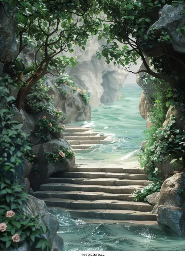 Enchanted Stone Staircase Leading to Water