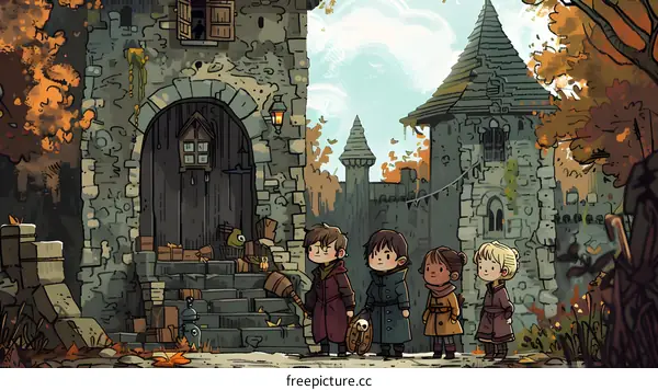 Four Children Standing in Front of a Stone Building