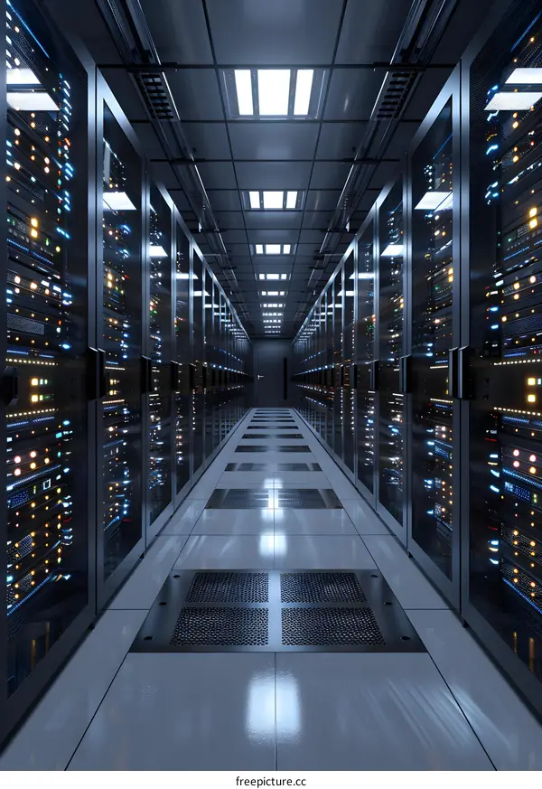 Futuristic server room with many rack-mounted servers