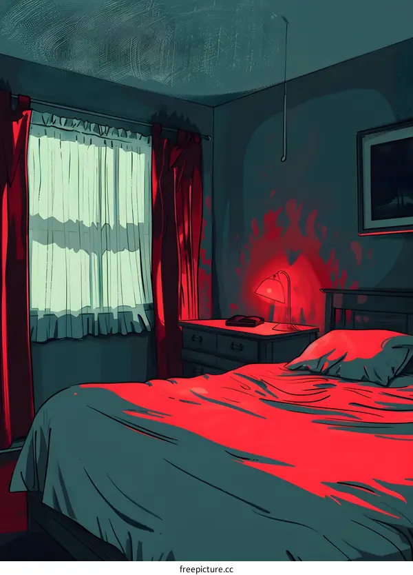 Red Lamp Illuminates a Bedroom with a Bed and a Nightstand