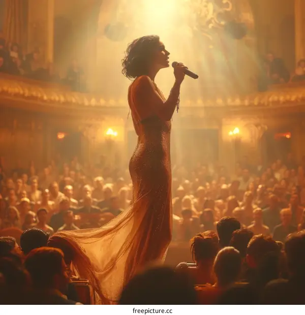 A woman in a gold dress sings on a stage with a microphone in her hand