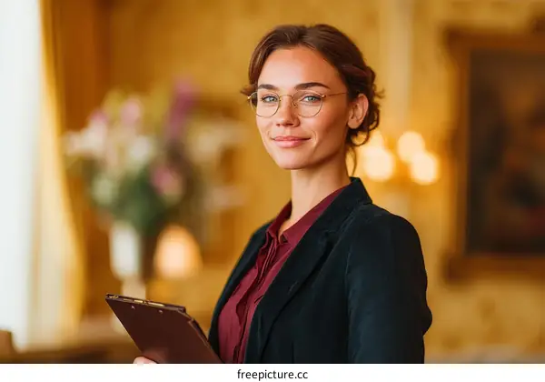 Professional Businesswoman Holding Clipboard in Elegant Room