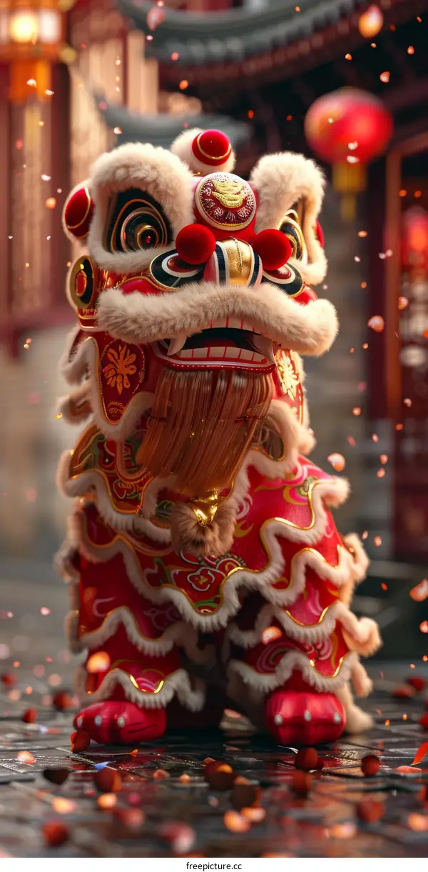 Red and Gold Lion Dance Costume for Chinese New Year Celebration