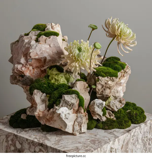 Minimalist Flower Arrangement with Stones and Moss