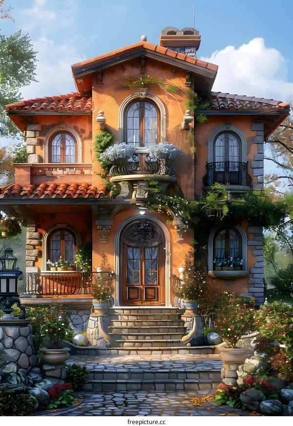 European style house exterior with beautiful flower decoration