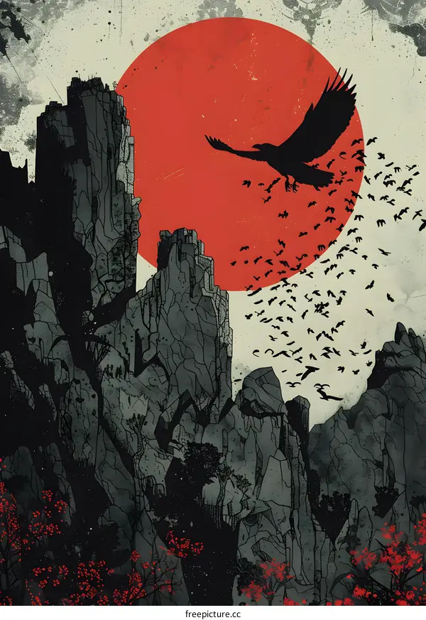 Silhouette of a Raven Flying Over Mountains and a Red Sun