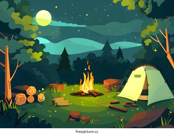 Camping Night Illustration with Fire and Tent