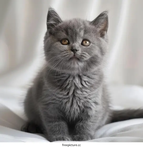 A cute gray kitten is sitting on a white cloth