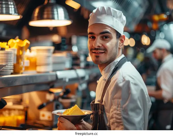 A chef is holding a plate of food in a commercial kitchen.