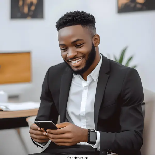 Smiling African American Businessman Using Smartphone In Office