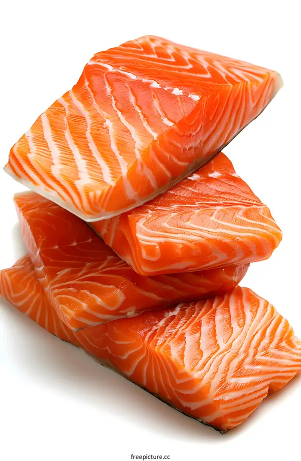 Fresh salmon fillets on a white background