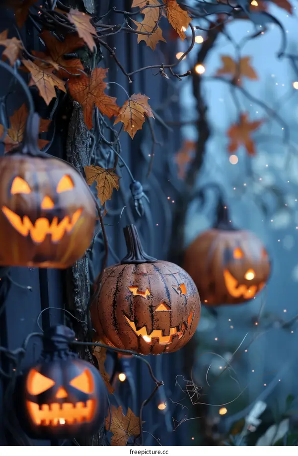 Spooky Halloween Pumpkins Hanging From Tree